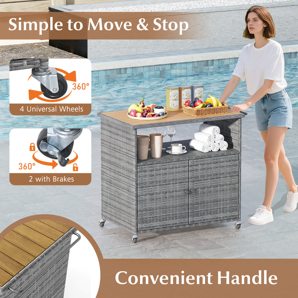 Outdoor storage cabinet with acacia wood top, lockable wheels, and hand-woven PE rattan for patio organization.