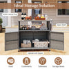 Outdoor storage cabinet with acacia wood top, PE rattan, and lockable wheels for organized patio and garden essentials.