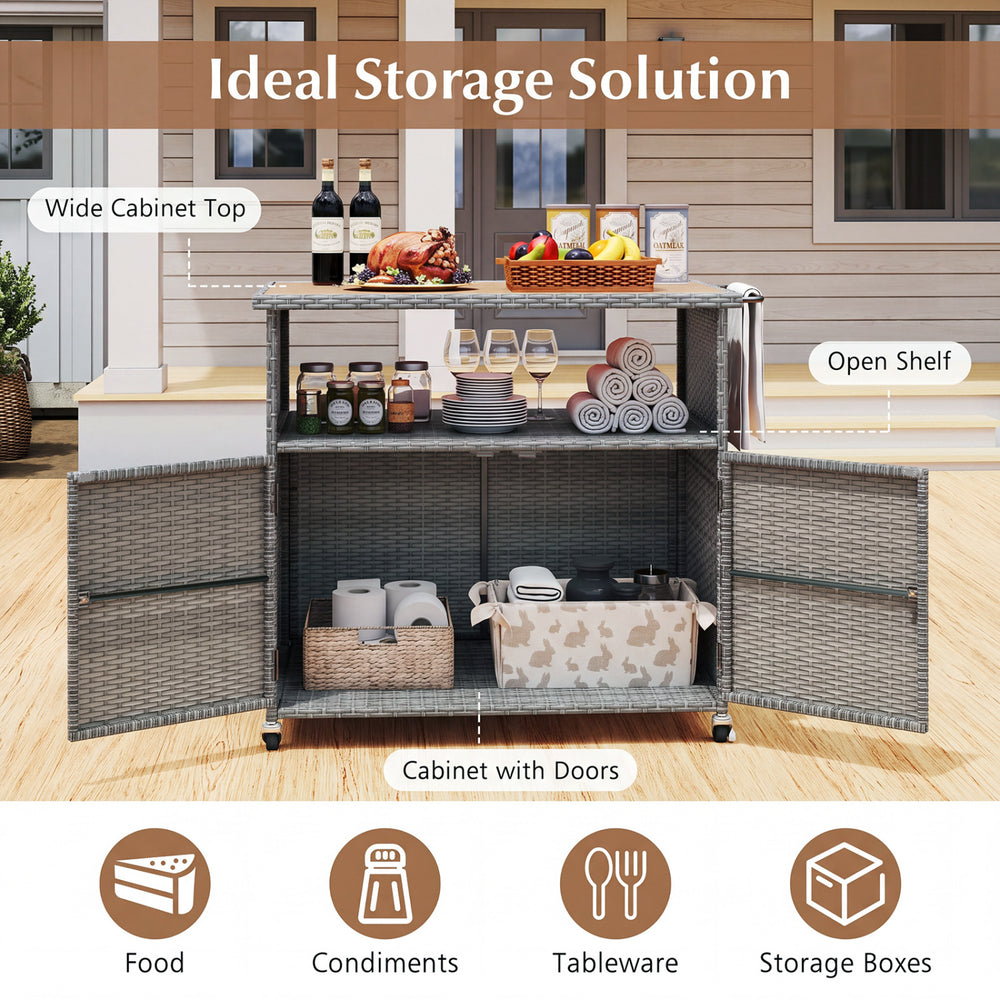 Outdoor storage cabinet with acacia wood top, PE rattan, and lockable wheels for organized patio and garden essentials.