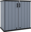 Gray outdoor storage shed with lockable doors, waterproof surface, and durable materials for organizing tools and.