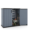 Gray outdoor storage shed with lockable door, featuring waterproof design for organizing gardening tools and equipment.