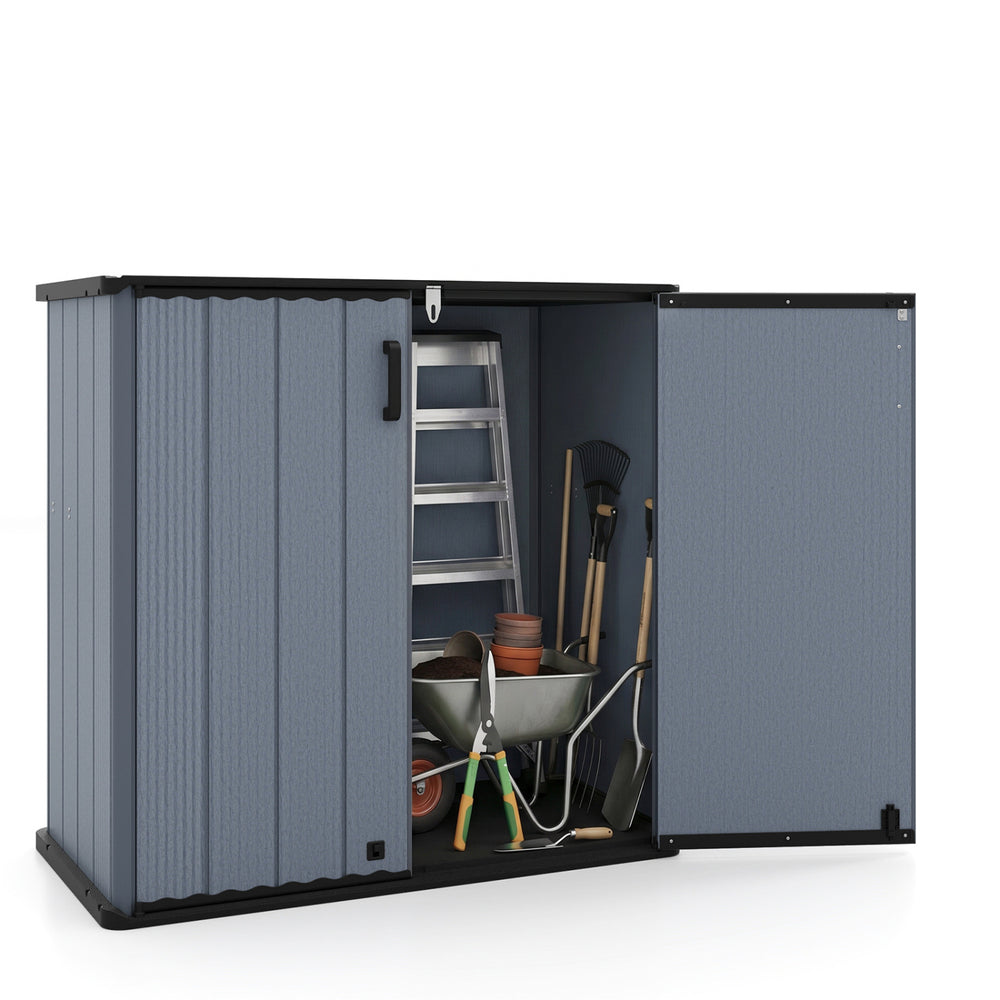 Gray outdoor storage shed with lockable door, featuring waterproof design for organizing gardening tools and equipment.