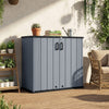 Gray outdoor storage shed with lockable door, crafted from durable materials, ideal for organizing garden tools and.