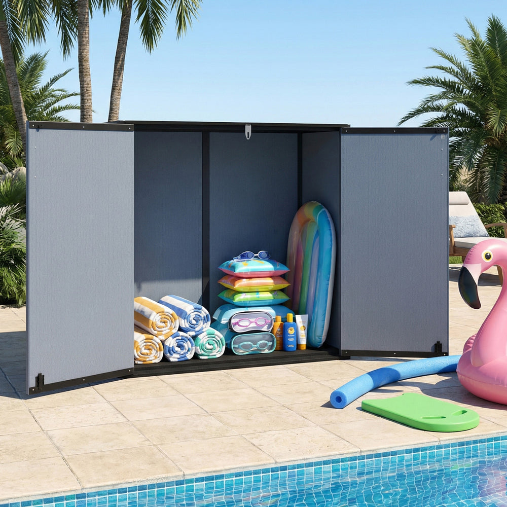 Gray outdoor storage shed with lockable door, ideal for organizing towels and pool equipment by the poolside.