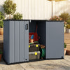 Gray outdoor storage shed with lockable door, waterproof surface, and organized gardening tools for versatile outdoor.