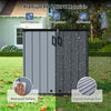 Gray outdoor storage shed made of PP and HDPE materials, featuring a waterproof surface and lockable door for secure.