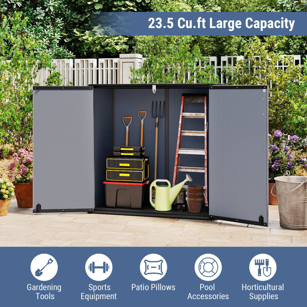 Outdoor storage shed with lockable door and 23.5 cu.ft capacity, ideal for organizing gardening tools and patio pillows.