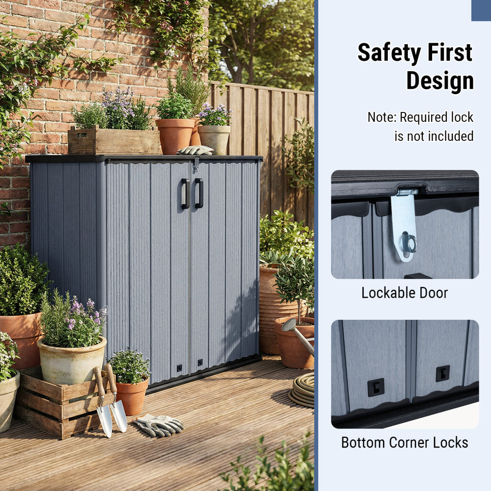 Outdoor storage shed with lockable door, gray color, designed for all-weather use and secure organization of tools.