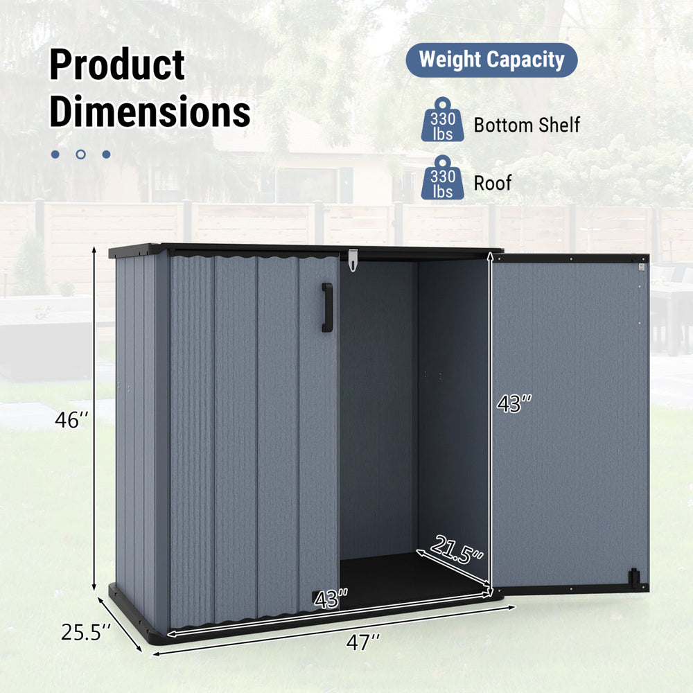 Gray outdoor storage shed with lockable door, 23.5 cu.ft capacity, waterproof design for organizing tools and equipment.