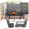 Patio gliding loveseat with brown rattan, ergonomic backrest, and curved armrests, perfect for outdoor relaxation.