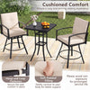 Outdoor swivel bar stools set of 2 in beige with cushioned seats and high backrest, perfect for patio relaxation.