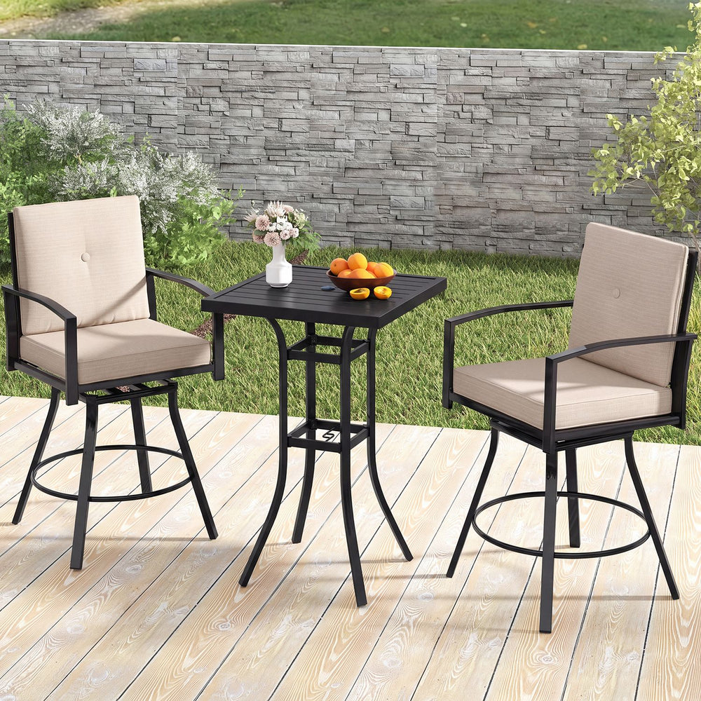 Outdoor swivel bar stools set of 2 in beige with high backrest, perfect for patio conversations and relaxation.