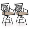 Set of 2 outdoor swivel bar stools with brown cushions, featuring a blossom pattern and durable powder-coated metal.