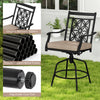Outdoor swivel bar stool with elegant blossom pattern, brown cushion, and adjustable foot pads for patio comfort.