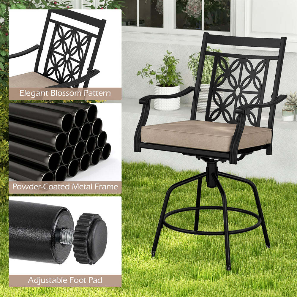 Outdoor swivel bar stool with elegant blossom pattern, brown cushion, and adjustable foot pads for patio comfort.