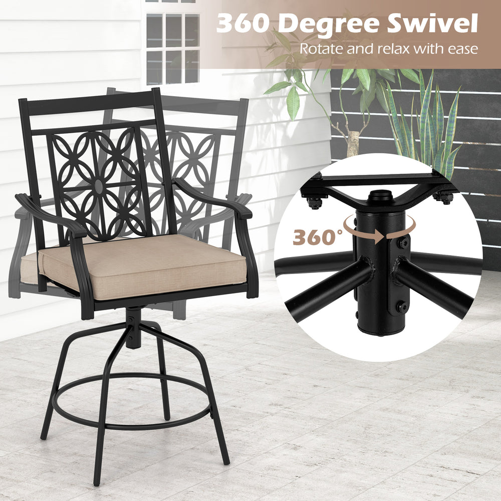 Outdoor swivel bar stool with brown seat cushion, featuring 360-degree rotation and elegant blossom pattern for patio.