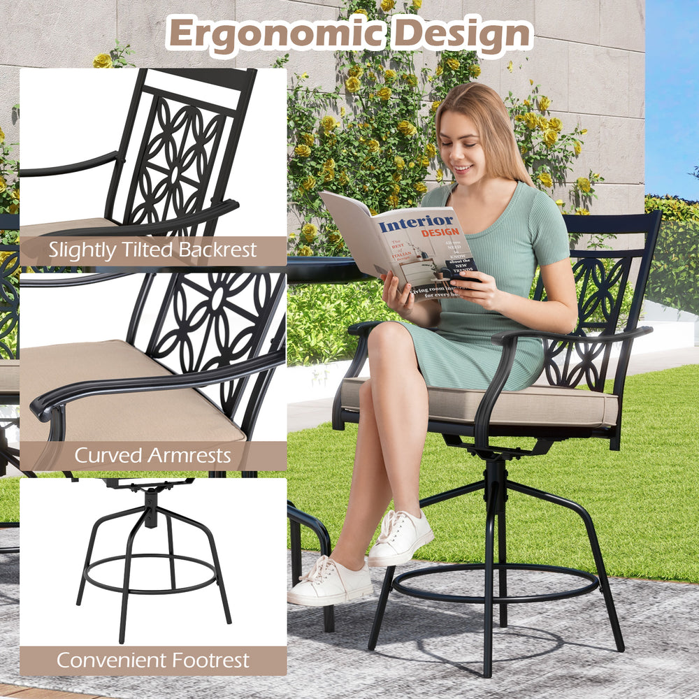 Outdoor swivel bar stool with brown seat cushion, slightly tilted backrest, and elegant blossom pattern for patio use.