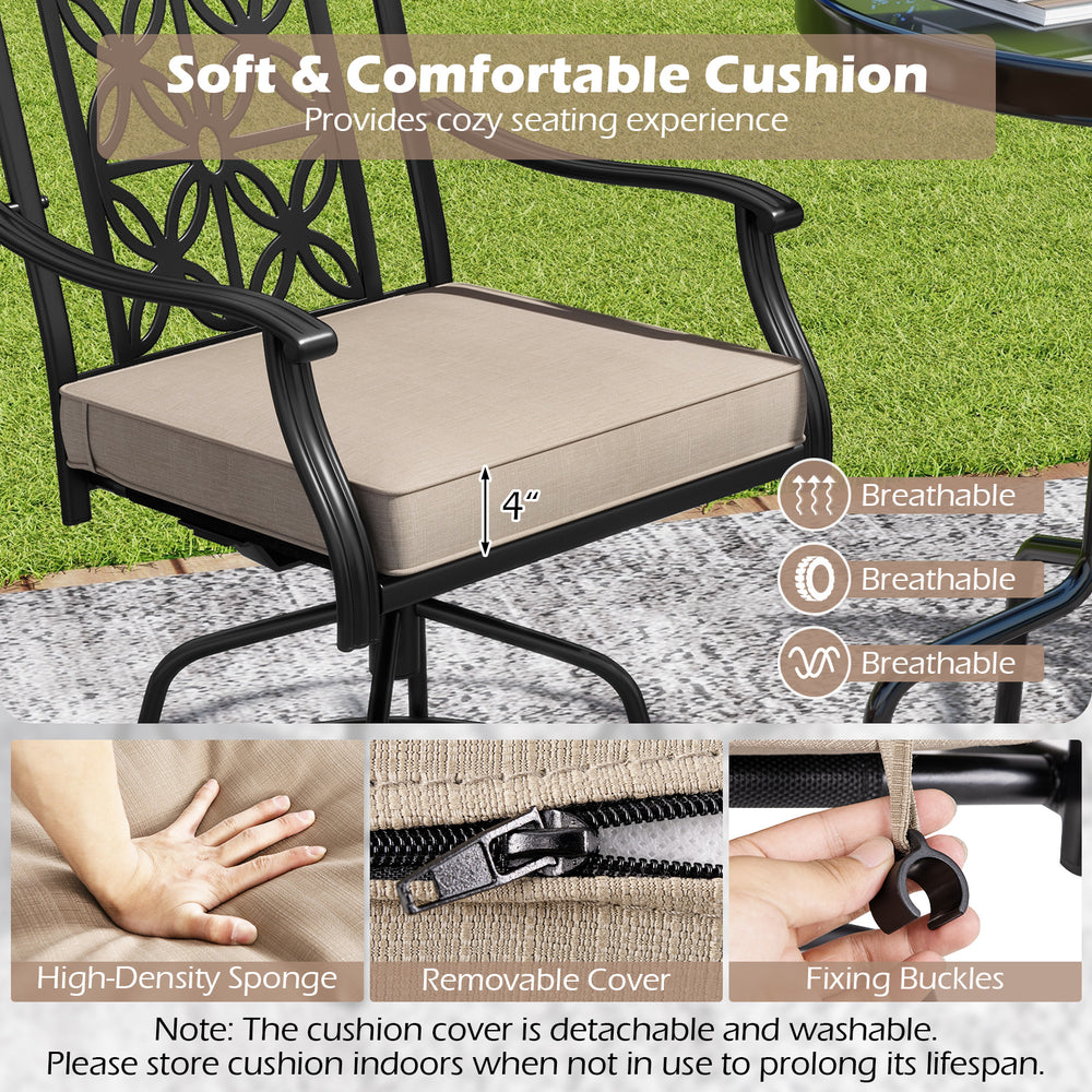 Outdoor swivel bar stool with soft brown cushion, fixing buckles, and elegant blossom pattern for patio comfort.
