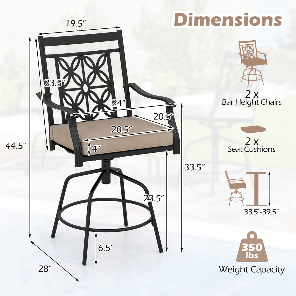 Outdoor swivel bar stool with brown seat cushion, featuring a 360-degree swivel and elegant blossom pattern for patio.