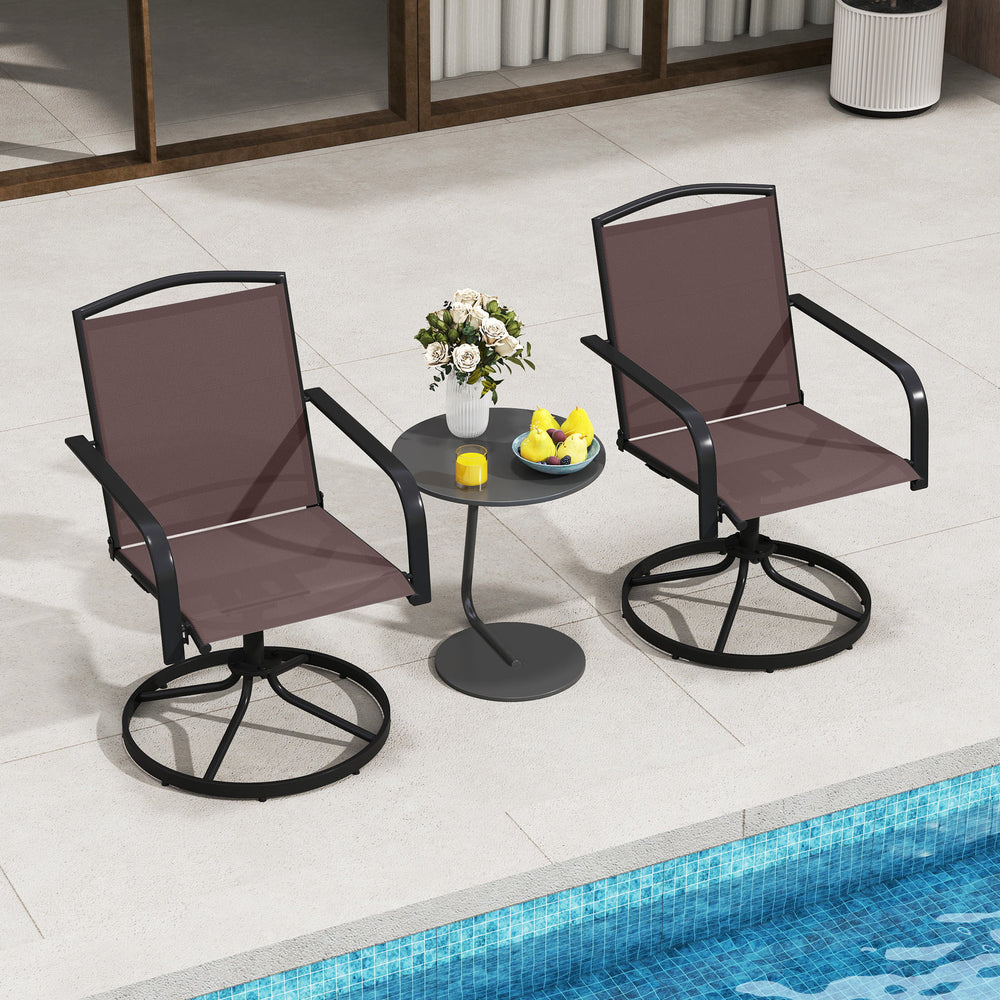 Set of 2 outdoor swivel chairs with high back and breathable coffee-colored seats, perfect for backyard relaxation.