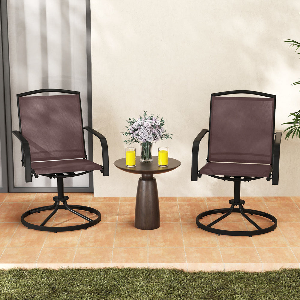 Side view of an outdoor swivel chair with high backrest and sturdy metal frame, ideal for deck or garden use.