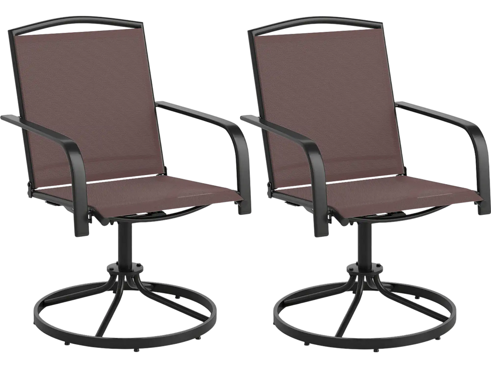 Set of 2 outdoor swivel chairs with high back, breathable coffee-colored seats, perfect for backyard relaxation.