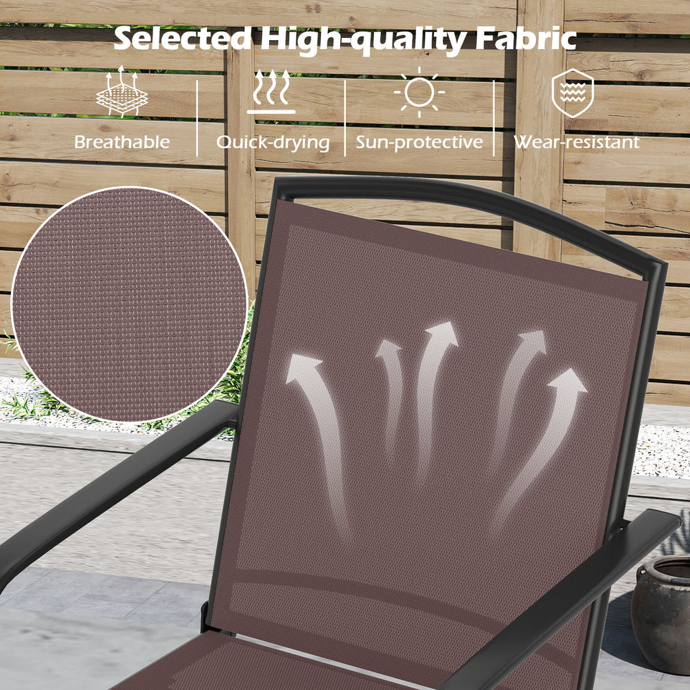 Breathable coffee seat fabric of outdoor swivel chair, showcasing quick-drying and sun-protective features for comfort.