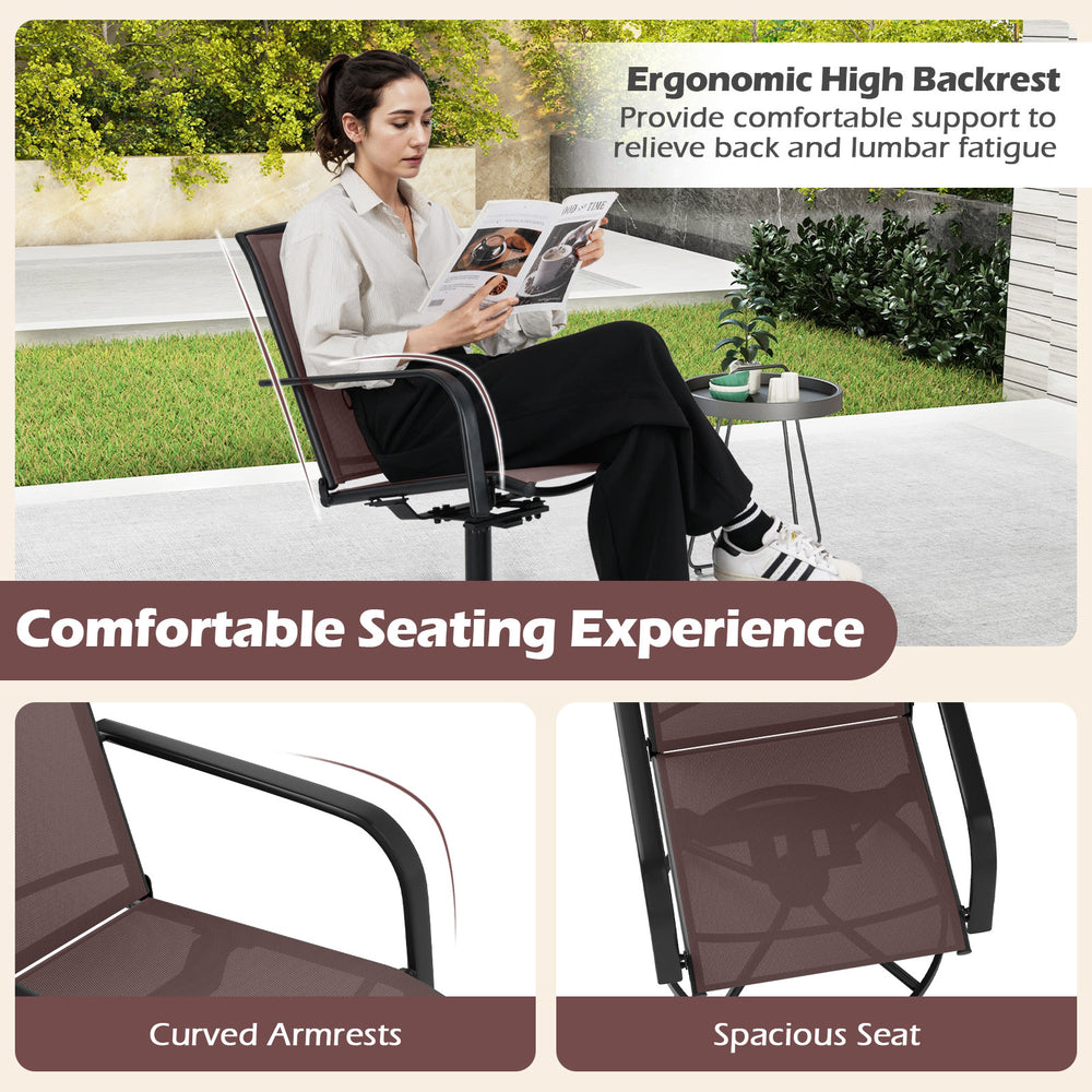 Outdoor swivel chair with high back and breathable seat, featuring curved armrests for comfortable backyard relaxation.