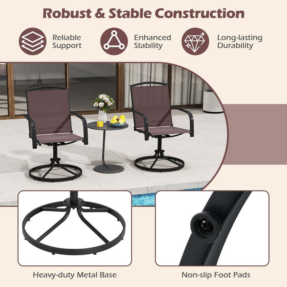 Set of 2 outdoor swivel chairs with high back, breathable seat, and sturdy metal base for backyard relaxation.