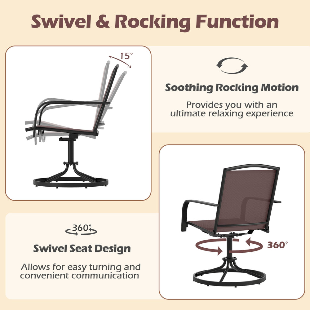 High back outdoor swivel chair set with breathable seat, gentle rocking motion, and sturdy metal frame for backyard.