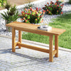 Teak wood bench with H-shaped legs, perfect for porch or poolside, offering elegant outdoor seating for two.