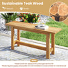 Outdoor teak wood bench with H-shaped legs, ideal for porch or poolside, providing durable and elegant seating for two.