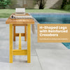Teak wood bench with H-shaped legs and reinforced crossbars, perfect for porch or poolside seating.