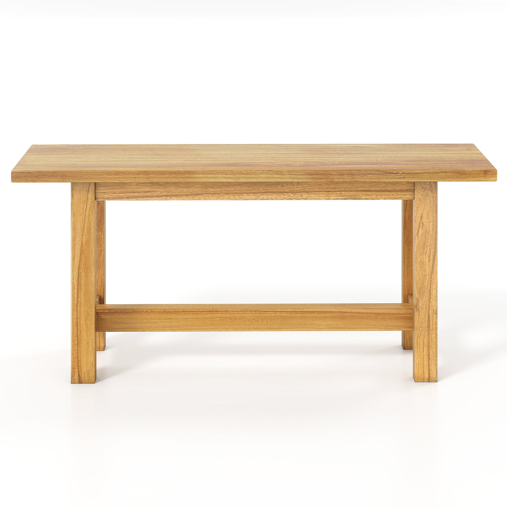 Teak wood outdoor bench with H-shaped legs, ideal for porch or patio, comfortably seats 2 people.