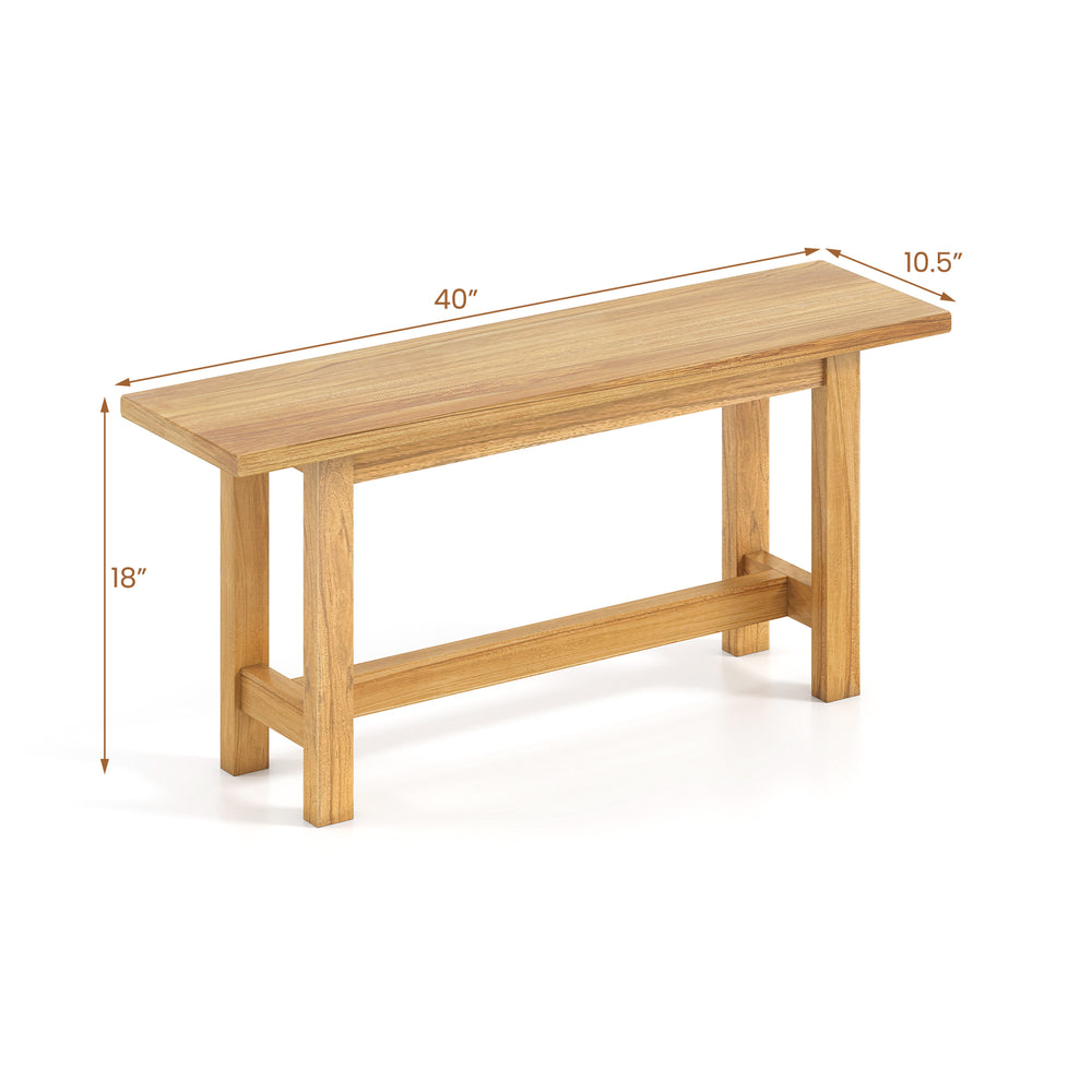 Teak wood bench with H-shaped legs, 40" long, ideal for porch or poolside seating for two people.