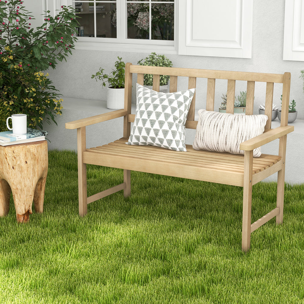Teak wood garden bench for 2 with backrest and armrests, ideal for patio or backyard relaxation.