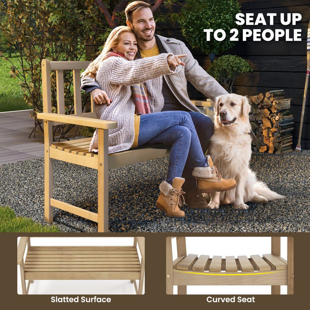 Outdoor teak wood garden bench for 2 people with slatted surface and curved seat, perfect for patio or garden use.