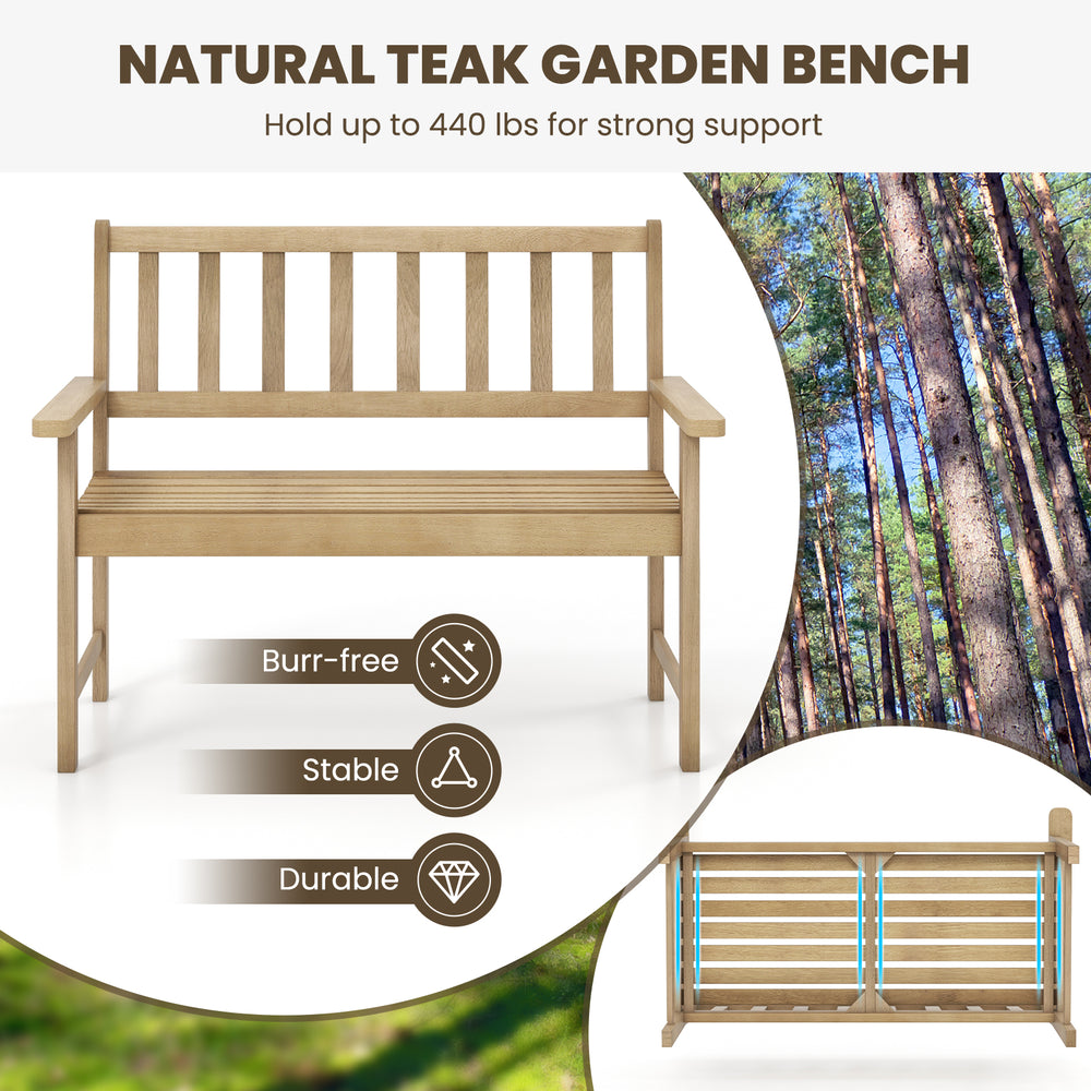 Natural teak wood garden bench for 2 people, burr-free and durable, ideal for patio or garden use.