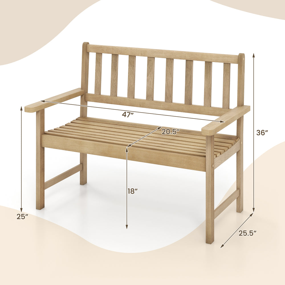 Teak wood garden bench for 2 with backrest and armrests, featuring a slatted surface for outdoor comfort and durability.