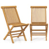Set of 2 outdoor teak wood chairs with slatted seat and backrest, featuring a folding design for easy storage.