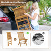 Folding outdoor teak wood chair with slatted seat and backrest, designed for easy transport and storage.