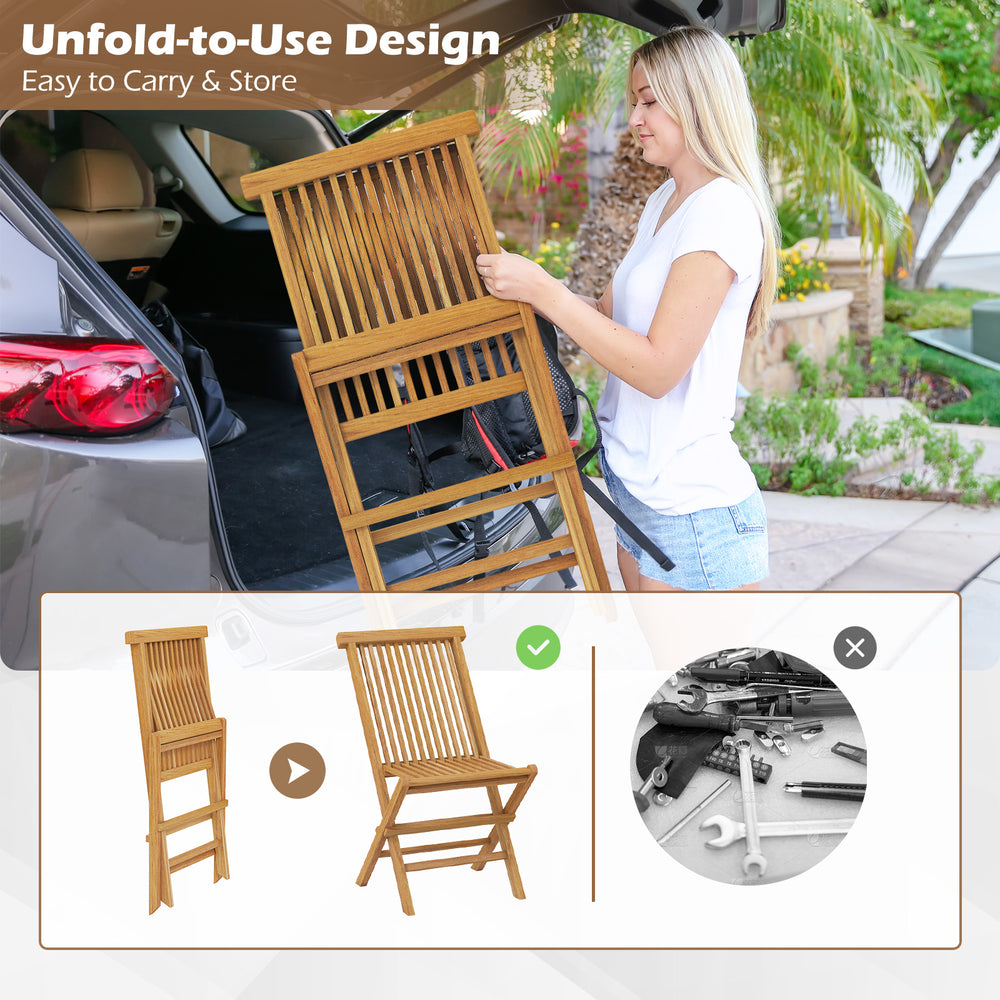 Folding outdoor teak wood chair with slatted seat and backrest, designed for easy transport and storage.