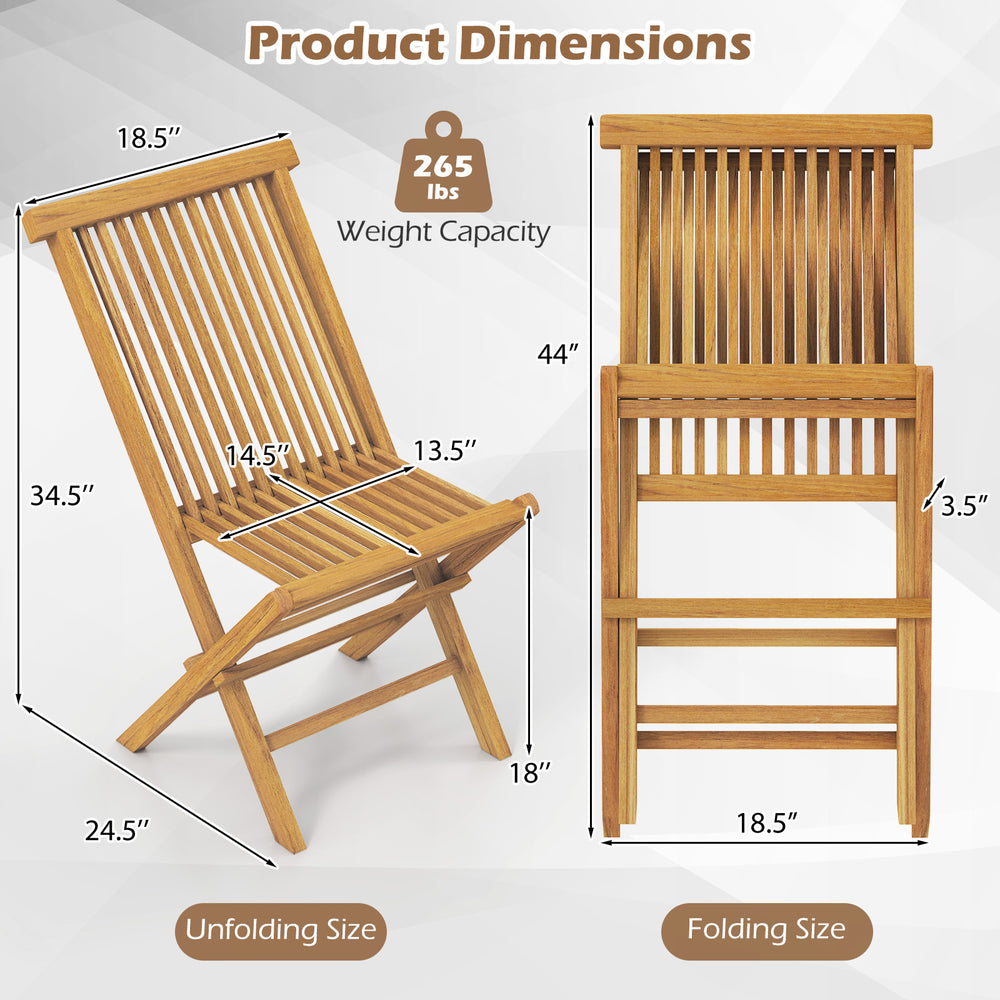 Detailed dimensions of the Outdoor Teak Wood Chairs set, showcasing folding size and unfolding size for easy storage.