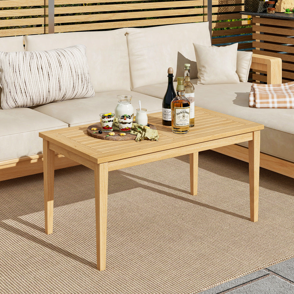 Teak wood coffee table with slatted tabletop, 20 x 35.5 inches, ideal for outdoor balcony use and easy cleaning.