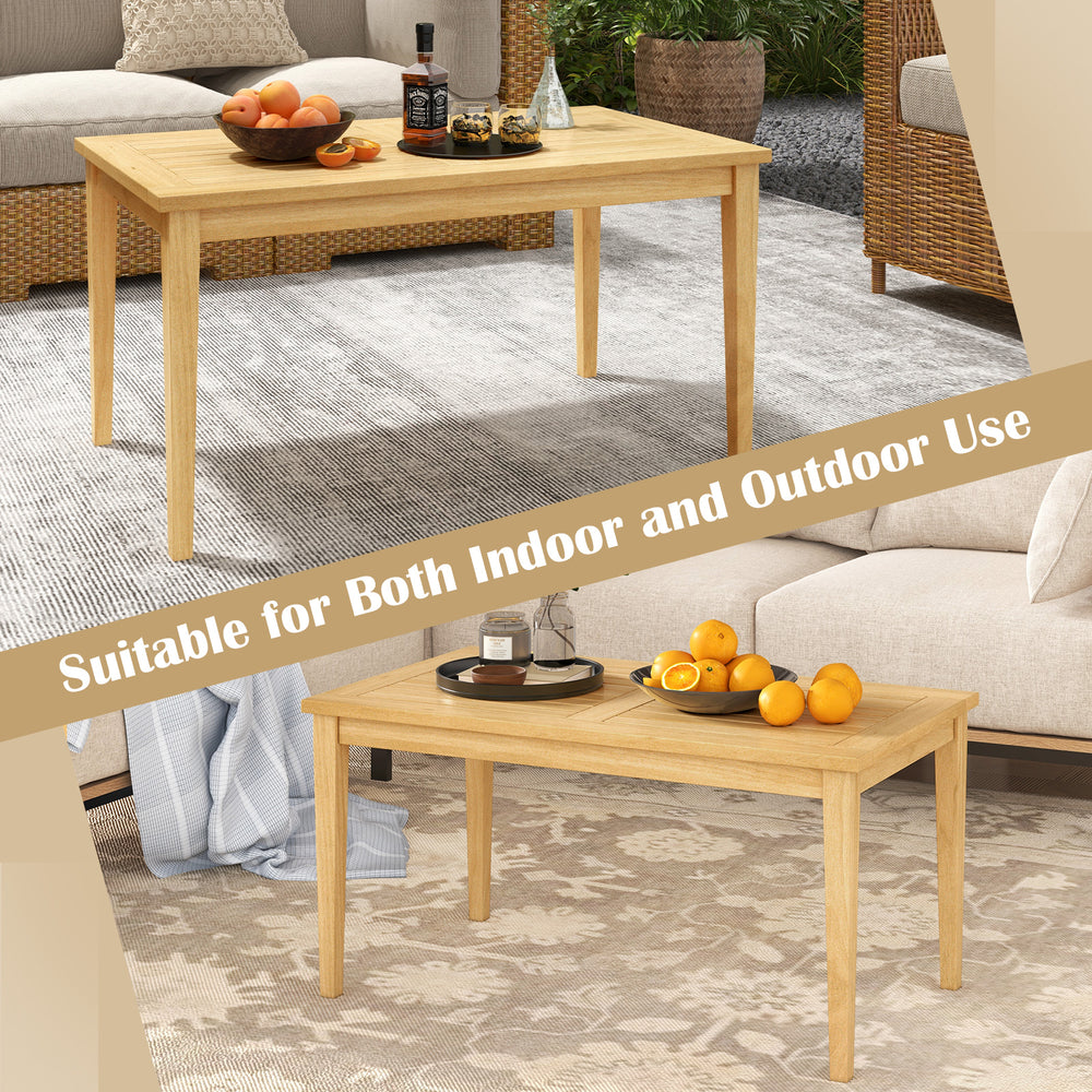 20-inch x 35.5-inch teak wood coffee table with slatted tabletop, suitable for indoor and outdoor use.