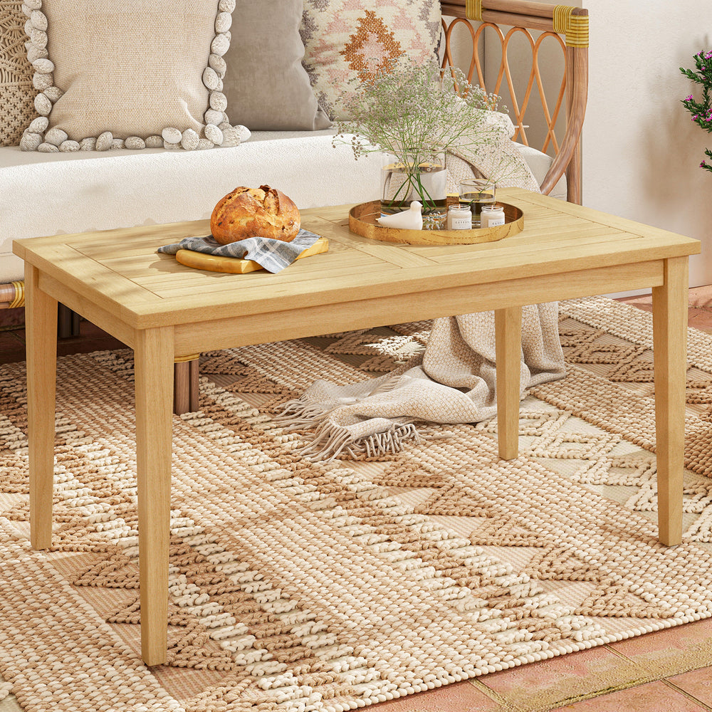 Teak wood coffee table with slatted tabletop, 20"x35.5", ideal for indoor and outdoor use, featuring a smooth surface.