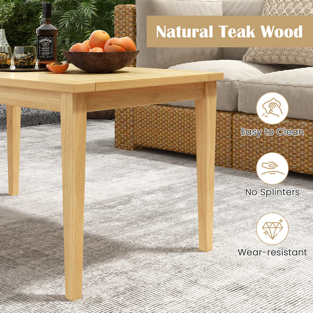 20-inch x 35.5-inch outdoor teak wood coffee table with slatted tabletop, perfect for balcony use and easy cleaning.