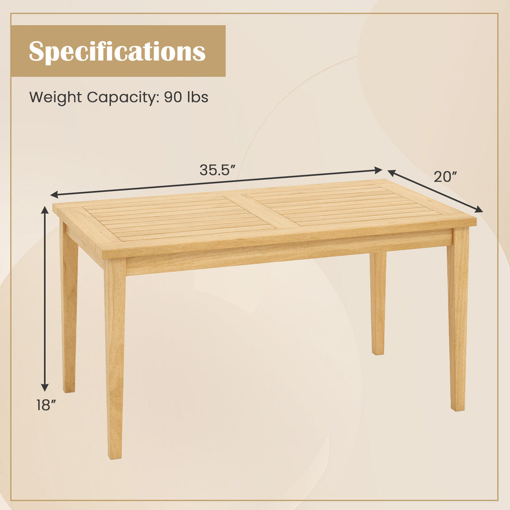 Teak wood coffee table with slatted tabletop, measuring 20"x35.5", ideal for balcony use and easy drainage.