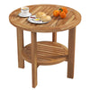 Round outdoor teak wood side table with slatted storage shelf, perfect for snacks and decor in patio settings.