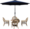 Navy 10 feet patio umbrella with 112 solar lights, crank handle, and sturdy metal ribs for outdoor relaxation.